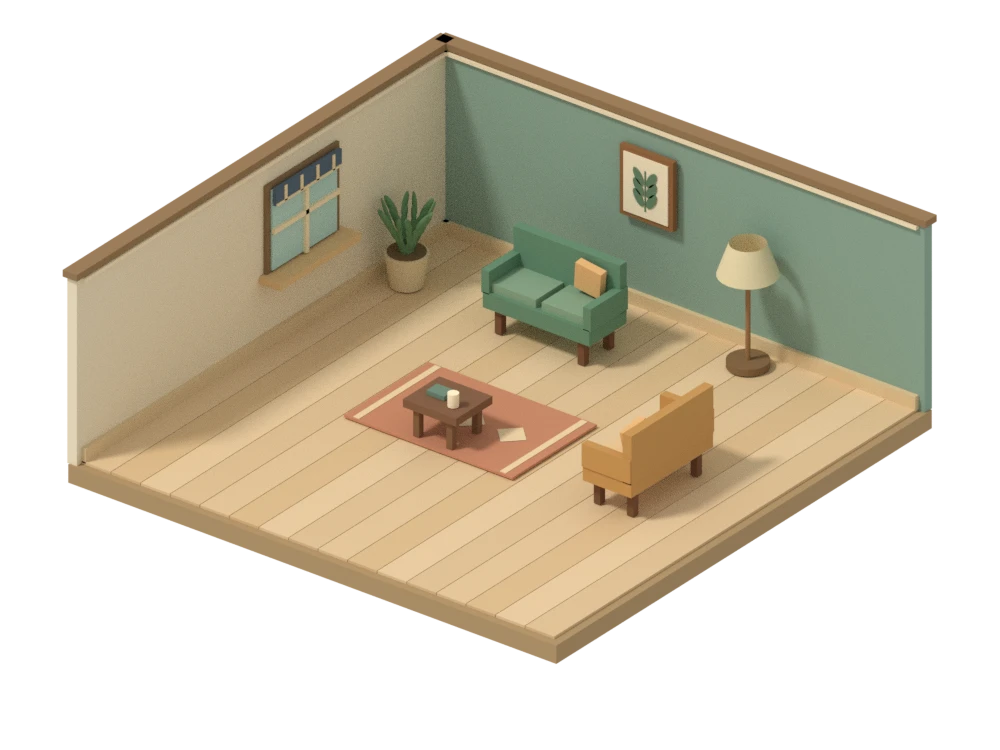 A furnished Yardfolk sample room with sage paint.
